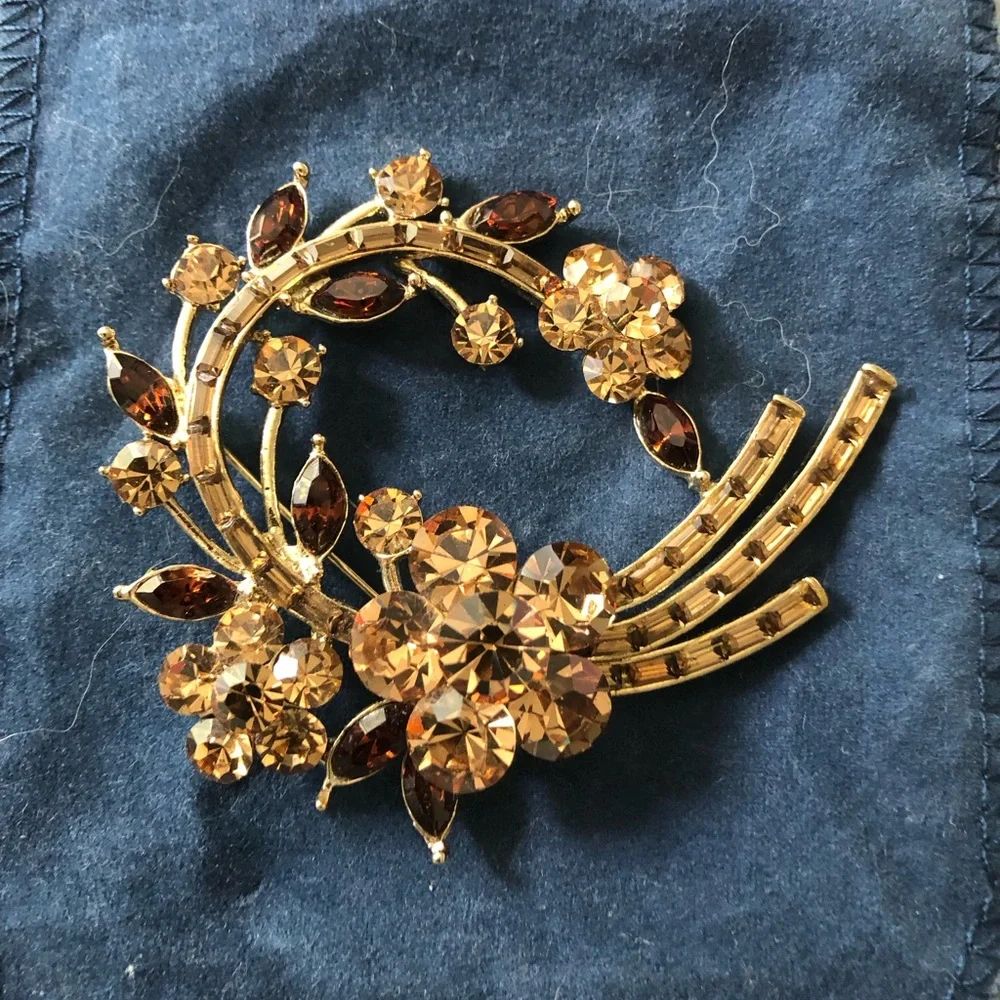 Gold and Amber Floral Crystal Brooch - Women's Jewelry